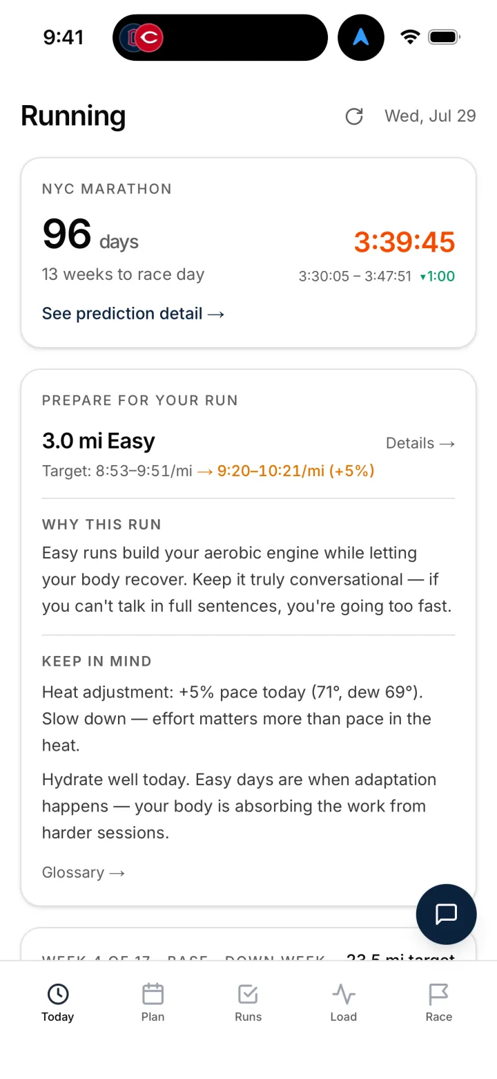 Today view with marathon countdown, prediction, and heat-adjusted run
